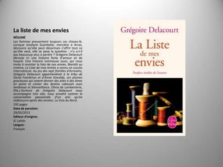La liste de mes envies
RÉSUMÉ
Les femmes pressentent toujours ces choses-là.
Lorsque Jocelyne Guerbette, mercière à Arras,
découvre qu’elle peut désormais s’offrir tout ce
qu’elle veut, elle se pose la question : n’y a-t-il
pas beaucoup plus à perdre ? Grégoire Delacourt
déroule ici une histoire forte d’amour et de
hasard. Une histoire lumineuse aussi, qui nous
invite à revisiter la liste de nos envies. Bientôt au
cinéma, La Liste de mes envies a connu un succès
international. Au jeu des sept familles d’écrivains,
Grégoire Delacourt appartiendrait à la tribu de
David Foenkinos et d’Anna Gavalda, ces plumes
gracieuses qui savent donner des ailes à des âmes
en peine et conter des destins cabossés avec
tendresse et bienveillance. Olivia de Lamberterie,
Elle.L’écriture de Grégoire Delacourt nous
accompagne très vite, nous envahit comme la
conversation passionnée d’un ami qu’on
redécouvre après des années. La Voix du Nord.
192 pages
Date de parution:
29/05/2013
Editeur d'origine:
JC Lattès
Langue:
Français

 