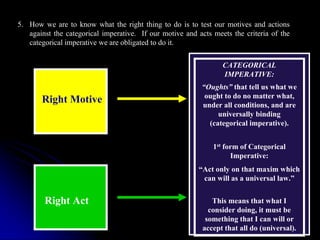 5. How we are to know what the right thing to do is to test our motives and actions
against the categorical imperative. If our motive and acts meets the criteria of the
categorical imperative we are obligated to do it.
Right Motive
Right Act
CATEGORICAL
IMPERATIVE:
“Oughts” that tell us what we
ought to do no matter what,
under all conditions, and are
universally binding
(categorical imperative).
1st form of Categorical
Imperative:
“Act only on that maxim which
can will as a universal law.”
This means that what I
consider doing, it must be
something that I can will or
accept that all do (universal).
 