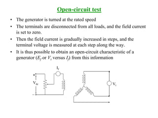 Open-circuit test
• The generator is turned at the rated speed
• The terminals are disconnected from all loads, and the field current
is set to zero.
• Then the field current is gradually increased in steps, and the
terminal voltage is measured at each step along the way.
• It is thus possible to obtain an open-circuit characteristic of a
generator (Ef or Vt versus If) from this information
+
Vdc
If
Vt
 