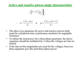Active and reactive power-angle characteristics
Pm
Pe, Qe
Vt
s
tft
s
ft
X
VcosEV
Q&
X
sinEV
P
2
d

d

• The above two equations for active and reactive powers hold
good for cylindrical-rotor synchronous machines for negligible
resistance
• To obtain the total power for a three-phase generator, the above
equations should be multiplied by 3 when the voltages are line-to-
neutral
• If the line-to-line magnitudes are used for the voltages, however,
these equations give the total three-phase power
 