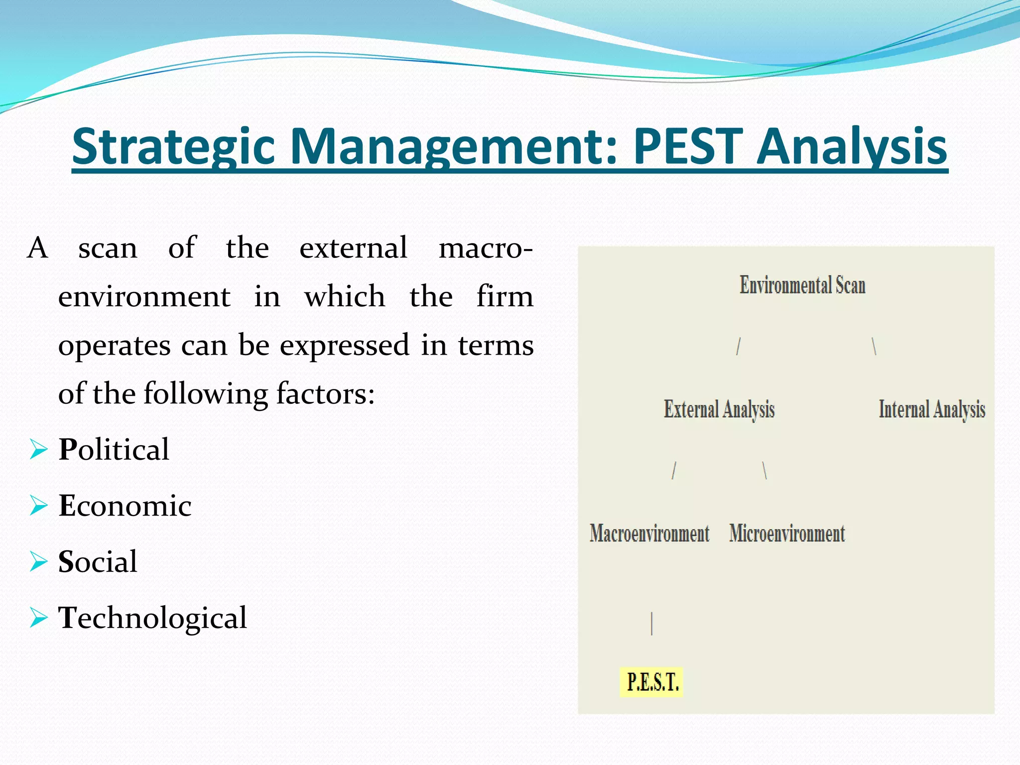Strategic Management: PEST Analysis
A scan of the external macro-
environment in which the firm
operates can be expressed in terms
of the following factors:
 Political
 Economic
 Social
 Technological
 
