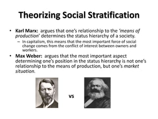 Theorizing Social Stratification
• Karl Marx: argues that one’s relationship to the ‘means of
  production’ determines the status hierarchy of a society.
   – In capitalism, this means that the most important force of social
     change comes from the conflict of interest between owners and
     workers.
• Max Weber: argues that the most important aspect
  determining one’s position in the status hierarchy is not one’s
  relationship to the means of production, but one’s market
  situation.



                               vs
 