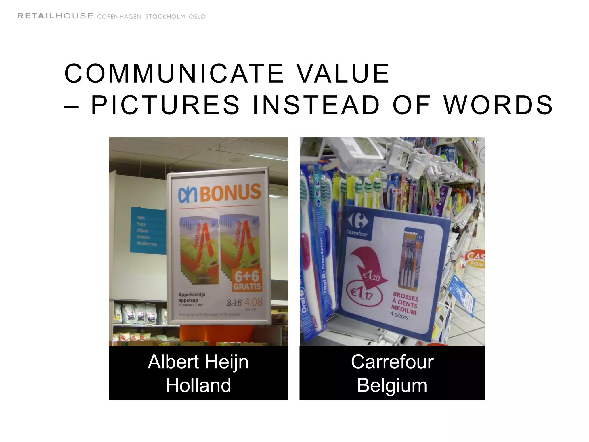 COMMUNICATE VALUE
– PICTURES INSTEAD OF WORDS
Albert Heijn
Holland
Carrefour
Belgium
 