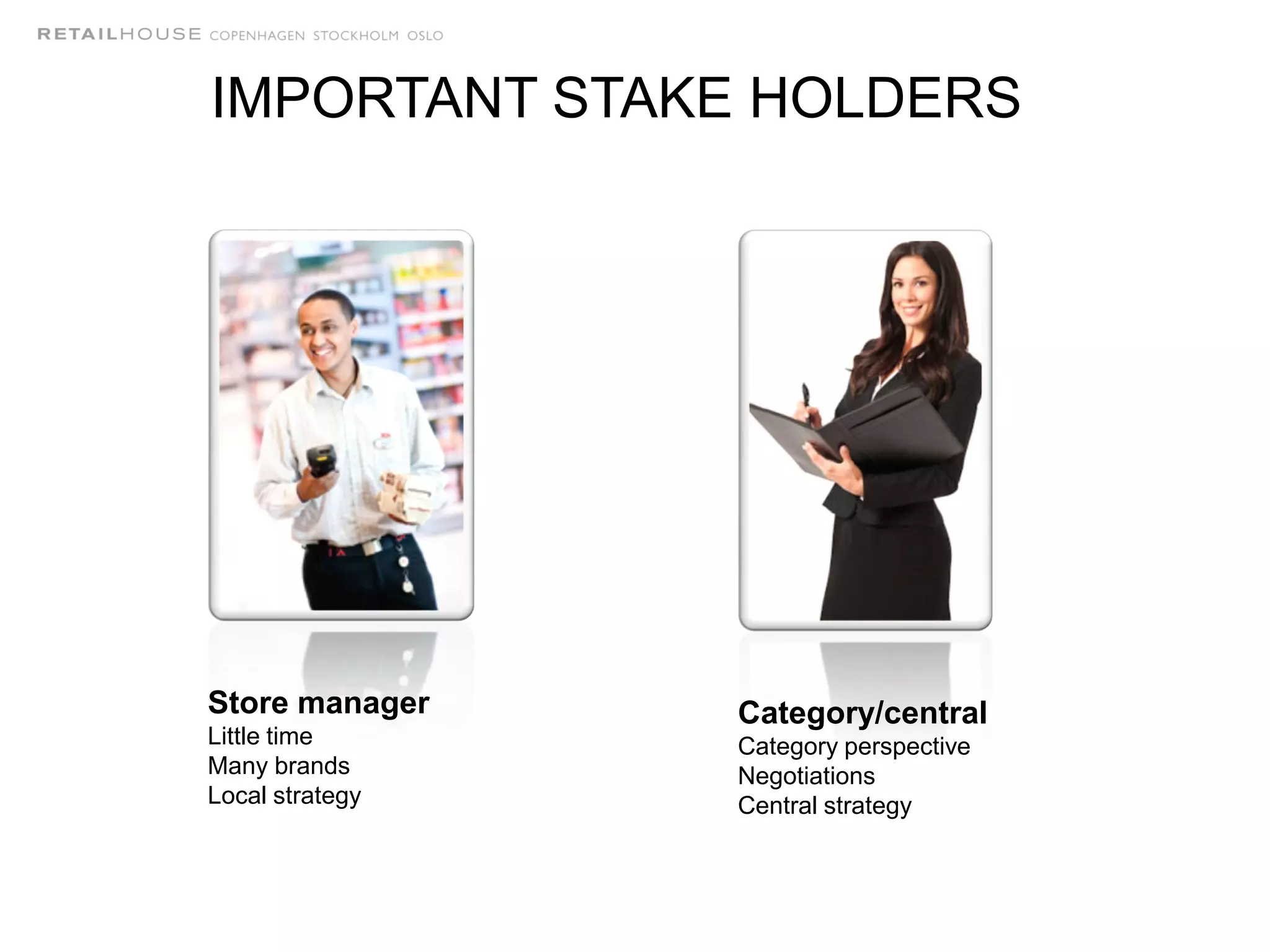 IMPORTANT STAKE HOLDERS
Store manager
Little time
Many brands
Local strategy
Category/central
Category perspective
Negotiations
Central strategy
 