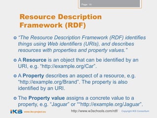Page: 14




  Resource Description
  Framework (RDF)
 “TheResource Description Framework (RDF) identifies
 things using Web identifiers (URIs), and describes
 resources with properties and property values.”
 A Resource   is an object that can be identified by an
 URI, e.g. “http://example.org/Car”.
 A Property  describes an aspect of a resource, e.g.
 “http://example.org/Brand”. The property is also
 identified by an URI.
 TheProperty value assigns a concrete value to a
 property, e.g. “Jaguar” or ““http://example.org/Jaguar”.
    www.iks-project.eu   http://www.w3schools.com/rdf/   Copyright IKS Consortium
 