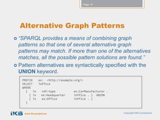 Page: 51




  Alternative Graph Patterns
 “SPARQL    provides a means of combining graph
  patterns so that one of several alternative graph
  patterns may match. If more than one of the alternatives
  matches, all the possible pattern solutions are found.”
 Pattern alternatives are syntactically specified with the
  UNION keyword.
   PREFIX    ex: <http://example.org/>
   SELECT    ?office
   WHERE
     {    ?x   rdf:type          ex:CarManufacturer .
       { ?x    ex:Headquarter    ?office . } UNION
       { ?x    ex:Office         ?office . }
     }


    www.iks-project.eu                                  Copyright IKS Consortium
 