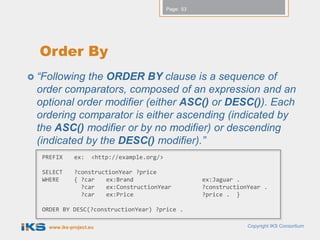 Page: 53




  Order By
 “Followingthe ORDER BY clause is a sequence of
 order comparators, composed of an expression and an
 optional order modifier (either ASC() or DESC()). Each
 ordering comparator is either ascending (indicated by
 the ASC() modifier or by no modifier) or descending
 (indicated by the DESC() modifier).”
   PREFIX      ex:    <http://example.org/>

   SELECT      ?constructionYear ?price
   WHERE       { ?car   ex:Brand                         ex:Jaguar .
                 ?car   ex:ConstructionYear              ?constructionYear .
                 ?car   ex:Price                         ?price . }

   ORDER BY DESC(?constructionYear) ?price .

     www.iks-project.eu                                               Copyright IKS Consortium
 
