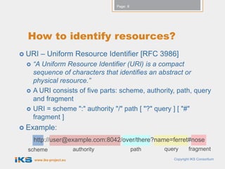 Page: 8




  How to identify resources?
 URI   – Uniform Resource Identifier [RFC 3986]
    “A Uniform Resource Identifier (URI) is a compact
     sequence of characters that identifies an abstract or
     physical resource.”
    A URI consists of five parts: scheme, authority, path, query
     and fragment
    URI = scheme ":" authority "/" path [ "?" query ] [ "#"
     fragment ]
 Example:

     http://user@example.com:8042/over/there?name=ferret#nose
  scheme                  authority             path   query      fragment
     www.iks-project.eu                                   Copyright IKS Consortium
 