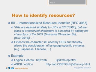 Page: 9




  How to identify resources?
 IRI   – Internationalized Resource Identifier [RFC 3987]
     “IRIs are defined similarly to URIs in [RFC3986], but the
      class of unreserved characters is extended by adding the
      characters of the UCS (Universal Character Set,
      [ISO10646]) ..”
     Extends the character set used by URIs and thereby
      allows the consideration of language specific syntaxes
      (e.g. Japanese, Chinese, ...)

 Example
     Logical Hebrew http://ab.       .ij/kl/mn/op.html
     ASCII notation         http://ab.CDEFGH.ij/kl/mn/op.html
      www.iks-project.eu                            Copyright IKS Consortium
 