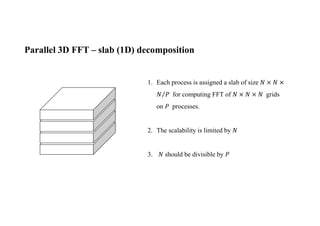 Parallel 3D FFT – slab (1D) decomposition
1. Each process is assigned a slab of size
for computing FFT of grids
on processes.
2. The scalability is limited by
3. should be divisible by
 