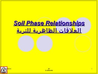 28/05/15 BY
Dr.IBRAHIM
1
Soil Phase RelationshipsSoil Phase Relationships
‫للتربة‬ ‫الظاهرية‬ ‫العلقات‬‫للتربة‬ ‫الظاهرية‬ ‫العلقات‬
 