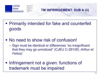 TM INFRINGEMENT: SUB A (ii)
13
 Primarily intended for fake and counterfeit
goods
 No need to show risk of confusion!
– Sign must be identical or differences “so insignificant
that they may go unnoticed” (CJEU C-291/00, Arthur et
Felice)
 Infringement not a given: functions of
trademark must be impaired
 