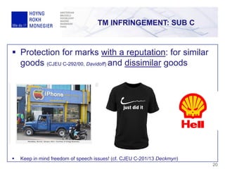  Protection for marks with a reputation: for similar
goods (CJEU C-292/00, Davidoff) and dissimilar goods
 Keep in mind freedom of speech issues! (cf. CJEU C-201/13 Deckmyn)
TM INFRINGEMENT: SUB C
20
 