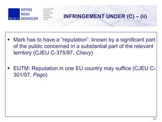 INFRINGEMENT UNDER (C) – (ii)
21
 Mark has to have a “reputation”: known by a significant part
of the public concerned in a substantial part of the relevant
territory (CJEU C-375/97, Chevy)
 EUTM: Reputation in one EU country may suffice (CJEU C-
301/07, Pago)
 