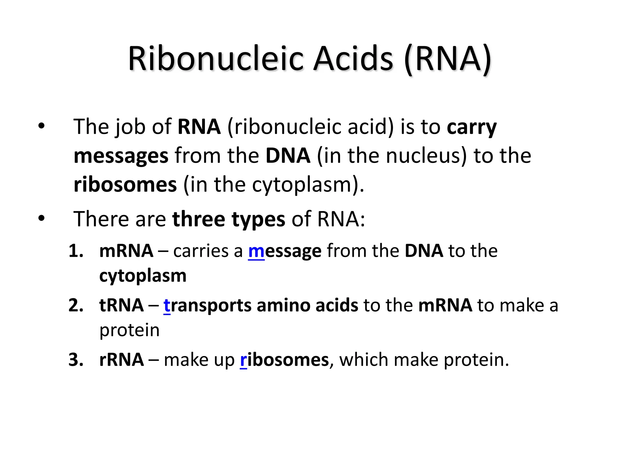 Ribonucleic Acids (RNA)
• The job of RNA (ribonucleic acid) is to carry
messages from the DNA (in the nucleus) to the
ribosomes (in the cytoplasm).
• There are three types of RNA:
1. mRNA – carries a message from the DNA to the
cytoplasm
2. tRNA – transports amino acids to the mRNA to make a
protein
3. rRNA – make up ribosomes, which make protein.
 