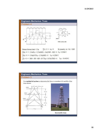 11/29/2013
10
Problem 4
Engineers Mechanics- Truss
Problem 5
Use method of section to determine the force in members GJ and IK of the
truss shown
Engineers Mechanics- Truss
100kN
100kN
100kN
Inverted K truss
 
