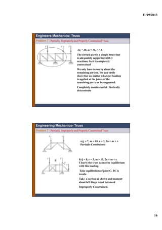 11/29/2013
16
Engineers Mechanics- Truss
Problem 7 : Partially, Improperly and Properly ConstrainedTruss
`
2n = 20, m = 16, r = 4.
The circled part is a simple truss that
is adequately supported with 3
reactions. So it is completely
constrained
We only have to worry about the
remaining portion. We can easily
show that no matter whatever loading
is applied at the joints of the
remaining part can be supported.
Completely constrained & Statically
determinate
Problem 7 : Partially, Improperly and Properly ConstrainedTruss
Engineering Mechanics- Truss
a) j = 7, m = 10, r = 3, 2n > m + r.
Partially Constrained
b) j = 8, r = 3, m = 13, 2n = m + r.
Clearly the truss cannot be equilibrium
with this loading.
Take equilibrium of joint C. BC is
tensile
Take a section as shown and moment
about left hinge is not balanced
Improperly Constrained.
B
C
 