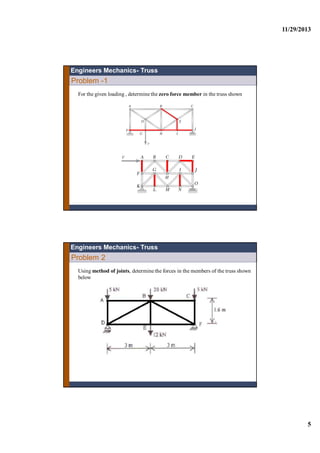 11/29/2013
5
Problem -1
For the given loading , determine the zero force member in the truss shown
Engineers Mechanics- Truss
Problem 2
Using method of joints, determine the forces in the members of the truss shown
below
Engineers Mechanics- Truss
 