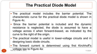 The Practical Diode Model
 The practical model includes the barrier potential. The
characteristic curve for the practical diode model is shown in
Figure 4c.
 Since the barrier potential is included and the dynamic
resistance is neglected, the diode is assumed to have a
voltage across it when forward-biased, as indicated by the
curve to the right of the origin.
 The practical model is useful in lower-voltage circuits and in
designing basic diode circuits.
 The forward current is determined using first Kirchhoff’s
voltage law to Figure 4a: 1/1/2024
Slide by: Getinet A. (MSc)
9
 