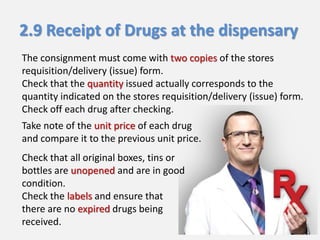 2.9 Receipt of Drugs at the dispensary
The consignment must come with two copies of the stores
requisition/delivery (issue) form.
Check that the quantity issued actually corresponds to the
quantity indicated on the stores requisition/delivery (issue) form.
Check off each drug after checking.
Take note of the unit price of each drug
and compare it to the previous unit price.

Check that all original boxes, tins or
bottles are unopened and are in good
condition.
Check the labels and ensure that
there are no expired drugs being
received.

 