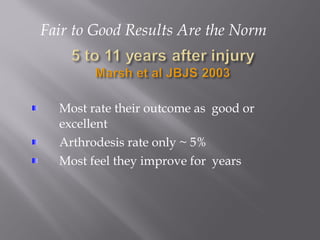 Fair to Good Results Are the Norm 
Most rate their outcome as good or 
excellent 
Arthrodesis rate only ~ 5% 
Most feel they improve for years 
 