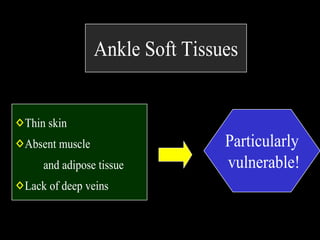 Ankle Soft Tissues 
Thin skin 
Absent muscle 
and adipose tissue 
Lack of deep veins 
Particularly 
vulnerable! 
 