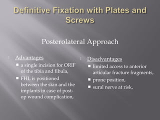 Posterolateral Approach 
 Advantages 
 a single incision for ORIF 
of the tibia and fibula, 
 FHL is positioned 
between the skin and the 
implants in case of post-op 
wound complication, 
 Disadvantages 
 limited access to anterior 
articular fracture fragments, 
 prone position, 
 sural nerve at risk, 
 