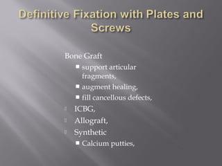 Bone Graft 
 support articular 
fragments, 
 augment healing, 
 fill cancellous defects, 
 ICBG, 
 Allograft, 
 Synthetic 
 Calcium putties, 
 