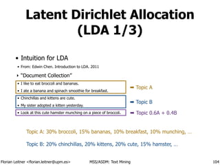 Florian Leitner <florian.leitner@upm.es> MSS/ASDM: Text Mining
Latent Dirichlet Allocation
(LDA 1/3)
• Intuition for LDA
• From: Edwin Chen. Introduction to LDA. 2011
‣ “Document Collection”
• I like to eat broccoli and bananas.
• I ate a banana and spinach smoothie for breakfast.
• Chinchillas and kittens are cute.
• My sister adopted a kitten yesterday.
• Look at this cute hamster munching on a piece of broccoli.
!
!
104
➡ Topic A
➡ Topic B
➡ Topic 0.6A + 0.4B
Topic A: 30% broccoli, 15% bananas, 10% breakfast, 10% munching, …
!
Topic B: 20% chinchillas, 20% kittens, 20% cute, 15% hamster, …
 