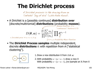 Florian Leitner <florian.leitner@upm.es> MSS/ASDM: Text Mining
The Dirichlet process
• A Dirichlet is a [possibly continuos] distribution over
[discrete/multinomial] distributions (probability masses).
!
!
!
• The Dirichlet Process samples multiple independent,
discrete distributions θi with repetition from θ (“statistical
clustering”).
105
D(✓, ↵) =
(
P
↵i)
Q
(↵i)
Y
✓↵i 1
i
Xnα
N
A Dirichlet process is like drawing from an
(infinite) ”bag of dice“ (with finite faces).
1. Draw a new distribution X from D(θ, α)
2. With probability α ÷ (α + n - 1) draw a new X 
With probability n ÷ (α + n - 1), (re-)sample an Xi from X
∑ i = 1; a Probability Mass Function
Gamma function -> a
“continuous” factorial [!]
Dirichlet prior: ∀ i ∈ : i > 0
 