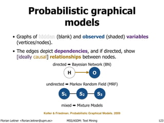 Florian Leitner <florian.leitner@upm.es> MSS/ASDM: Text Mining
Probabilistic graphical
models
• Graphs of hidden (blank) and observed (shaded) variables
(vertices/nodes).
• The edges depict dependencies, and if directed, show
[ideally causal] relationships between nodes.
123
H O
S3S2S1
directed ➡ Bayesian Network (BN)
undirected ➡ Markov Random Field (MRF)
mixed ➡ Mixture Models
Koller & Friedman. Probabilistic Graphical Models. 2009
 