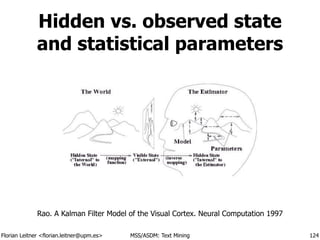 Florian Leitner <florian.leitner@upm.es> MSS/ASDM: Text Mining
Hidden vs. observed state
and statistical parameters
Rao. A Kalman Filter Model of the Visual Cortex. Neural Computation 1997
124
 