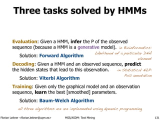 Florian Leitner <florian.leitner@upm.es> MSS/ASDM: Text Mining
Three tasks solved by HMMs
Evaluation: Given a HMM, infer the P of the observed
sequence (because a HMM is a generative model).
Solution: Forward Algorithm
Decoding: Given a HMM and an observed sequence, predict
the hidden states that lead to this observation.
Solution: Viterbi Algorithm
Training: Given only the graphical model and an observation
sequence, learn the best [smoothed] parameters.
Solution: Baum-Welch Algorithm
131
all three algorithms are are implemented using dynamic programming
in Bioinformatics:
Likelihood of a particular DNA
element
in Statistical NLP:
PoS annotation
 