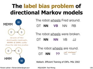 Florian Leitner <florian.leitner@upm.es> MSS/ASDM: Text Mining
The label bias problem of
directional Markov models
136
The robot wheels are round.
The robot wheels Fred around.
The robot wheels were broken.
DT NN VB NN RB
DT NN NN VB JJ
DT NN ?? — —
yet unseen!
Wallach. Efficient Training of CRFs. MSc 2002
because of their
directionality constraints,
MEMMs & HMMs suffer
from the label bias problem
S’ S
W
MEMM
HMM
SS’
W
 