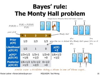 Florian Leitner <florian.leitner@upm.es> MSS/ASDM: Text Mining
Bayes’ rule:
The Monty Hall problem
18
1 2 3
Prior
p(H)
1/3 1/3 1/3
Likelihood
p(D|H)
1/2 1 0
p(D)
=∑
p(H)*
p(D|H)
1/3×1/2
=1/6
1/3×1
=1/3
1/3×0
=0
1/6+1/3
=1/2
Posterior
p(H|D)
1/6÷1/2
=1/3
1/3÷1/2
=2/3
0÷1/2
=0
P(H|D) =
P(H) ⇥ P(D|H)
P(D)
similar case: a trickster hiding a stone in one of three cups…
Images Source: Wikipedia, Monty Hall Problem, Cepheus
your pick
given the car is behind H=1, Monty Hall opens D=(2 or 3)
H=2
!
H=3
D=3
!
D=3
Monty Hall
 