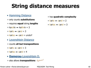 Florian Leitner <florian.leitner@upm.es> MSS/ASDM: Text Mining
String distance measures
• Hamming Distance
‣ only counts substitutions
‣ requires equal string lengths
‣ karolin ⬌ kathrin = 3
‣ karlo ⬌ carol = 3
‣ karlos ⬌ carol = undef
• Levenshtein Distance
‣ counts all but transpositions
‣ karlo ⬌ carol = 3
‣ karlos ⬌ carol = 4
• Damerau-Levenshtein D.
‣ also allows transpositions
‣ has quadratic complexity
‣ karlo ⬌ carol = 2
‣ karlos ⬌ carol = 3
60
typos!
 
