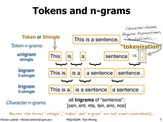 Florian Leitner <florian.leitner@upm.es> MSS/ASDM: Text Mining
Tokens and n-grams
7
This is a sentence .
This is is a a sentence sentence .
This is a is a sentence a sentence .
This is a sentence.
{
{
{
{
{
{
{
NB:
“tokenization”
Character-based,
Regular Expressions,
Probabilistic, …
Token n-grams
unigram!
shingle!
!
bigram!
2-shingle!
!
trigram!
3-shingle
all trigrams of “sentence”: 
[sen, ent, nte, ten, enc, nce]
Beware: the terms “shingle”, “token” and “n-gram” are not used consistently…
Character n-grams
Token or Shingle
 