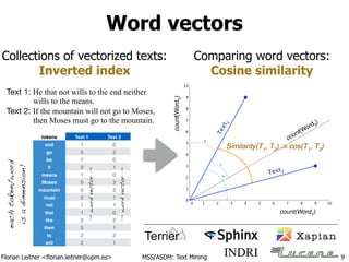 Florian Leitner <florian.leitner@upm.es> MSS/ASDM: Text Mining
Word vectors
9
0 1 2 3 4 5 6 7 8 9 10
10
0
1
2
3
4
5
6
7
8
9
count(Word1)
count(Word2)
Text1
Text2
α
γ
β
Similarity(T1
, T2
) := cos(T1
, T2
)
count(Word3
)
Comparing word vectors:
Cosine similarity
Collections of vectorized texts:
Inverted index
Text 1: He that not wills to the end neither
wills to the means.
Text 2: If the mountain will not go to Moses,
then Moses must go to the mountain.
tokens Text 1 Text 2
end 1 0
go 0 2
he 1 0
if 0 1
means 1 0
Moses 0 2
mountain 0 2
must 0 1
not 1 1
that 1 0
the 2 2
then 0 1
to 2 2
will 2 1
INDRI
eachtoken/word
isadimension!
wordvector
wordvector
 