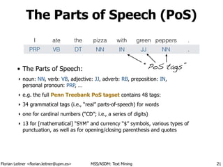 Florian Leitner <florian.leitner@upm.es> MSS/ASDM: Text Mining
The Parts of Speech (PoS)
• The Parts of Speech:
‣ noun: NN...