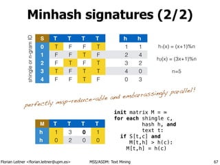 Florian Leitner <florian.leitner@upm.es> MSS/ASDM: Text Mining
Minhash signatures (2/2)
67
shingleorn-gramID
S T T T T h h...