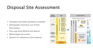 Disposal Site Assessment
 Geological and hydro geological suitability
 Demography and future use of land
Accessibility
 Flora and fauna Mineral and deposit
 Meteorology and seismic
 Options for radioactive waste disposal
 