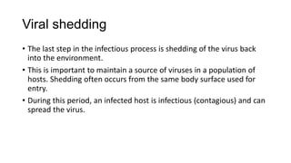 Viral shedding
• The last step in the infectious process is shedding of the virus back
into the environment.
• This is important to maintain a source of viruses in a population of
hosts. Shedding often occurs from the same body surface used for
entry.
• During this period, an infected host is infectious (contagious) and can
spread the virus.
 
