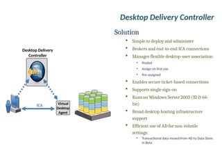 Desktop Delivery
Controller
Desktop Delivery Controller
Solution
 Simple to deploy and administer
 Brokers and end-to-end ICA connections
 Manages flexible desktop-user association:
• Pooled
• Assign on first use
• Pre-assigned
 Enables secure ticket-based connections
 Supports single sign-on
 Runs on Windows Server 2003 (32 & 64-
bit)
 Broad desktop hosting infrastructure
support
 Efficient use of AD for non-volatile
settings:
• Transactional data moved from AD to Data Store
in Beta
ICA Virtual
Desktop
Agent
 