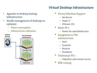 Virtual Desktop Infrastructure
• Agnostic to desktop hosting
infrastructure
• Enable management of desktops to
optimize:
- Power consumption
- Infrastructure utilization
 Virtual Machine Support
- XenServer
- Hyper-V
- VMware VI3
 Blade PC’s
- Power for specialized users
 Integration to VM
infrastructure
- Start
- Suspend
- Resume
- Shutdown
 Traditional PC’s
- Migration and remote access
 SDK coming
Desktop
Delivery
Controller
Virtual Desktop
Infrastructure
 