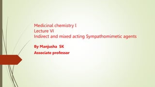 Medicinal chemistry l
Lecture VI
Indirect and mixed acting Sympathomimetic agents
By Manjusha SK
Associate professor
 