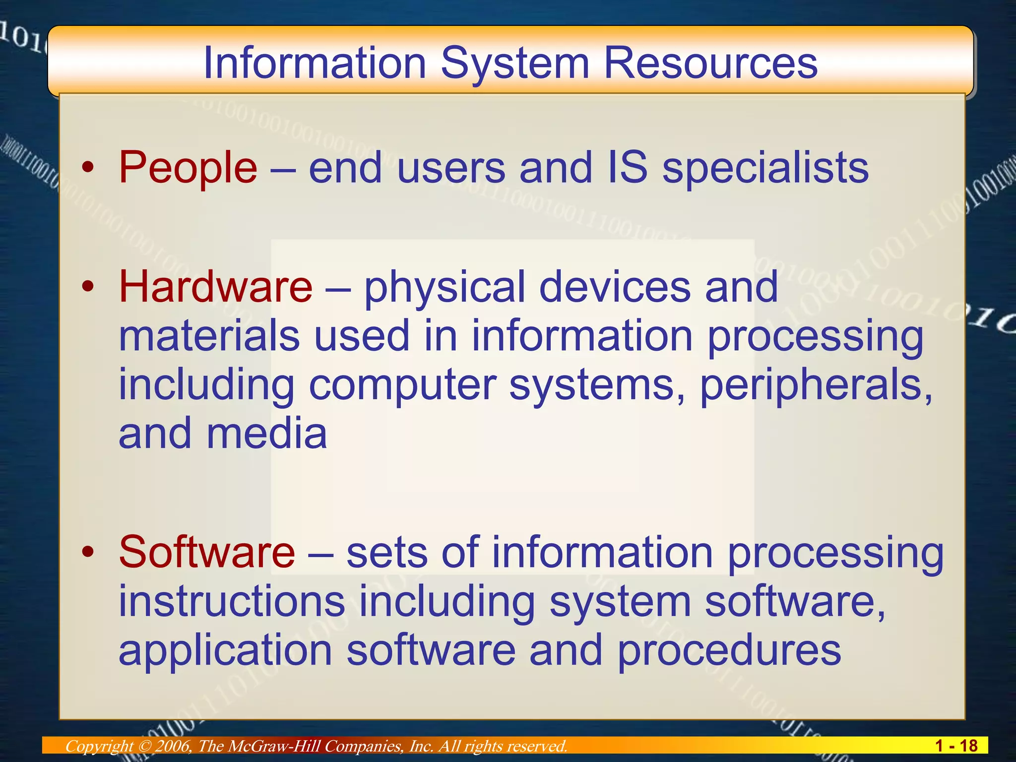1 - 18Copyright © 2006, The McGraw-Hill Companies, Inc. All rights reserved.
Information System Resources
• People – end users and IS specialists
• Hardware – physical devices and
materials used in information processing
including computer systems, peripherals,
and media
• Software – sets of information processing
instructions including system software,
application software and procedures
 