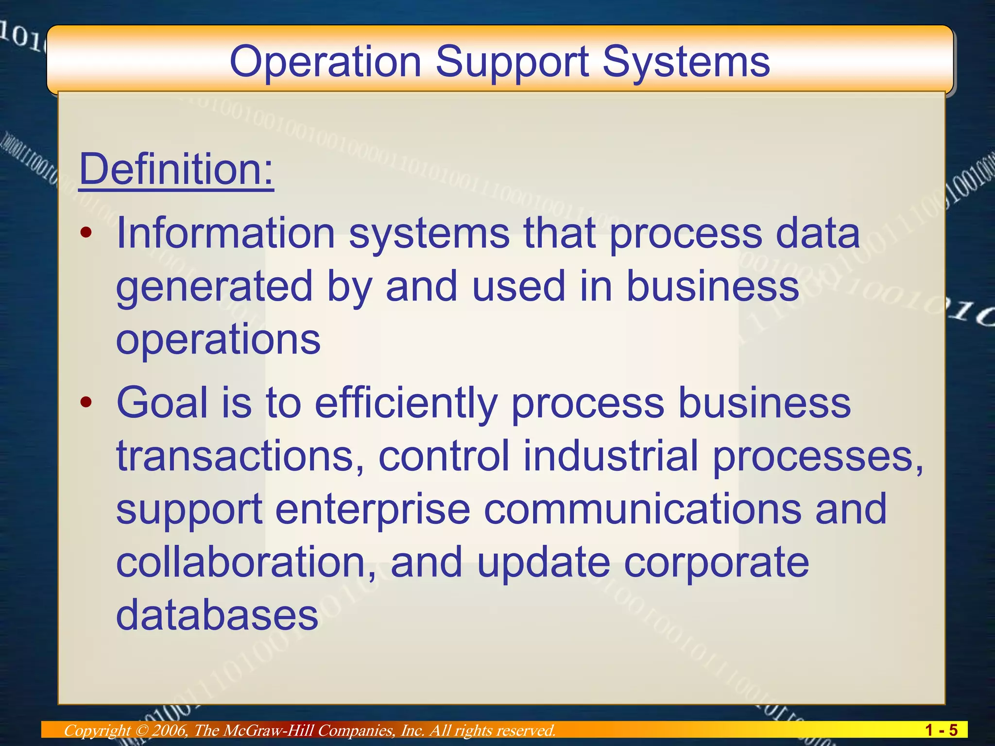 1 - 5Copyright © 2006, The McGraw-Hill Companies, Inc. All rights reserved.
Operation Support Systems
Definition:
• Information systems that process data
generated by and used in business
operations
• Goal is to efficiently process business
transactions, control industrial processes,
support enterprise communications and
collaboration, and update corporate
databases
 