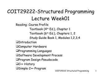 COIT29222-Structured Programming  Lecture Week01   ,[object Object],[object Object],[object Object],[object Object],[object Object],[object Object],[object Object],[object Object],[object Object],[object Object],[object Object],COIT29222 Structured Programming 