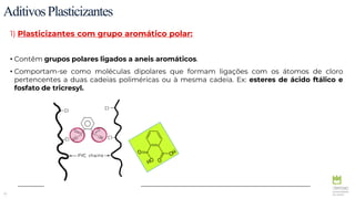 10
AditivosPlasticizantes
1) Plasticizantes com grupo aromático polar:
• Contêm grupos polares ligados a aneis aromáticos.
• Comportam-se como moléculas dipolares que formam ligações com os átomos de cloro
pertencentes a duas cadeias poliméricas ou à mesma cadeia. Ex: esteres de ácido ftálico e
fosfato de tricresyl.
 