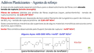 23
AditivosPlasticizantes–Agentesdereforço
A nova era da exploração espacial contribuiu para o desenvolvimento de fibras com elevada
tensão de ruptura (tensile strength):
Fibras de carbono (obtidas por pirólise de fibras orgânicas (rayon, poliacrilonitrilo) - tensão de
ruptura próxima de 2,30 x109 N/m2.
Fibras de boro (obtidas por deposição de boro sobre filamento de tungsténio a partir de misturas
de BCl3-H2) - tensão de ruptura próxima de 3,50 x109 N/m2.
Estas características mecânicas são superiores às de alguns materiais monolíticos estruturais como
alumínio, aço e titânio.
kevlar fibra sintética desenvolvida pela Dupont (tensão de ruptura > 4x109 N/m2)
Alguns Aços: 400-500 MPa =4x108 -5x108 N/m2
(para-fenilenodiamina+ cloreto de tereftaloil )
Kevlar
 